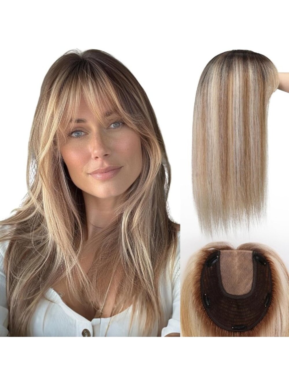 16" Human Hair Toppers for Women - 7"x8" Base, Stylish Bangs, Natural Look